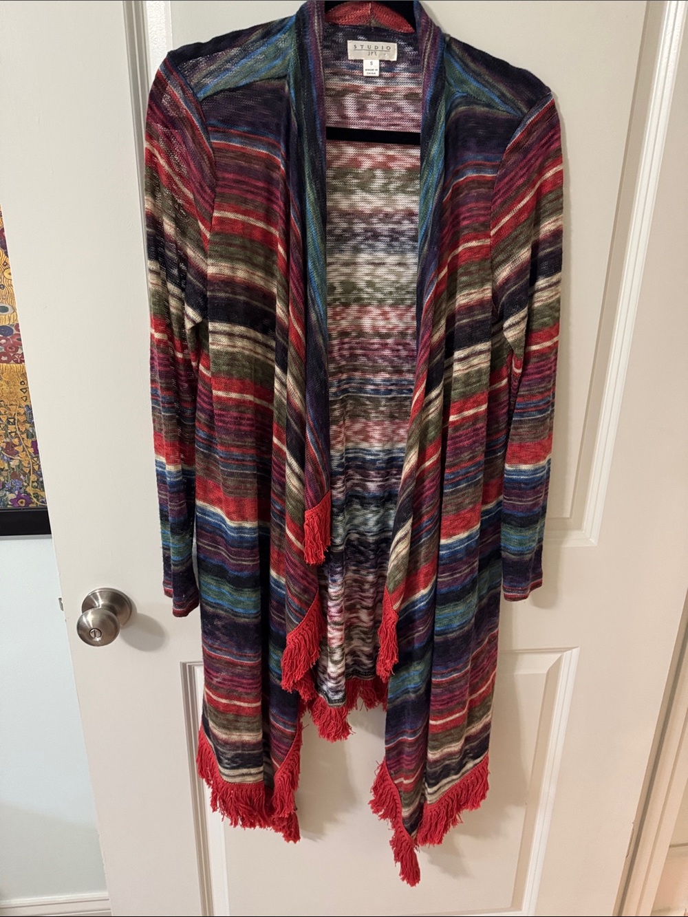 Striped Open-Front Fringe Cardigan in Multicolor with Red Trim